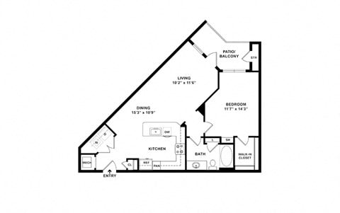 Floor plan for 1 bed, 1 bath, 795 sqft